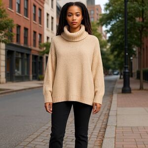 DOE & RAE Sweater Large Oversized Cowl Neck Turtleneck Cream NWT‎ NEW